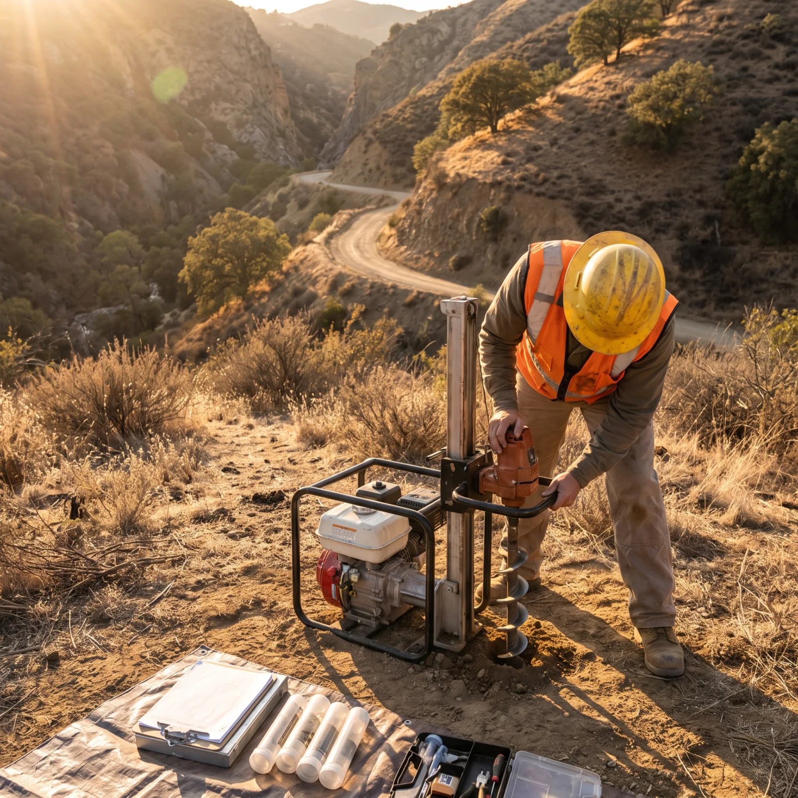 Geotechnical engineer operating a soil boring drill rig on a sloped canyon lot
