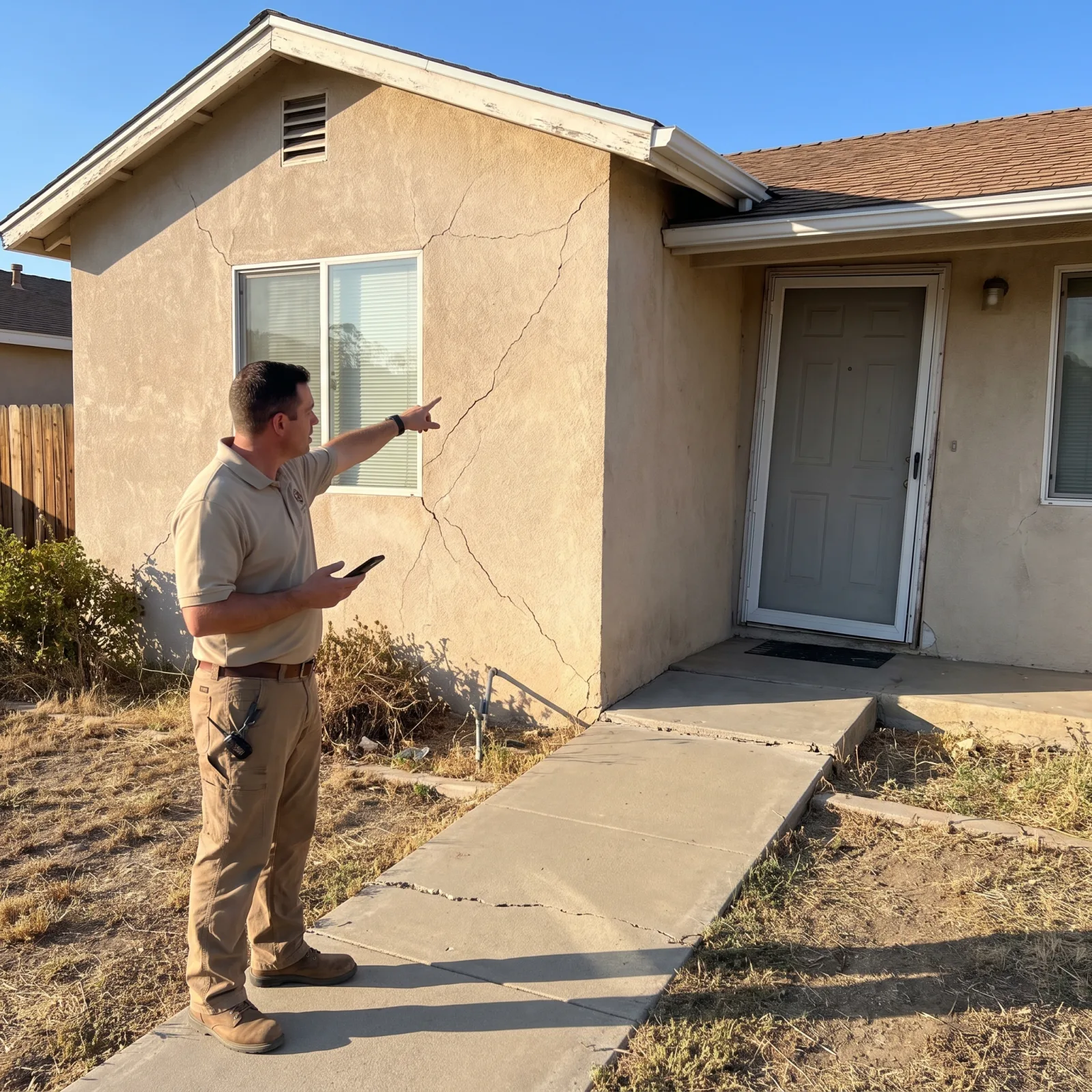 Inspector pointing at a cracked stucco corner and out-of-square doorframe on a home foundation
