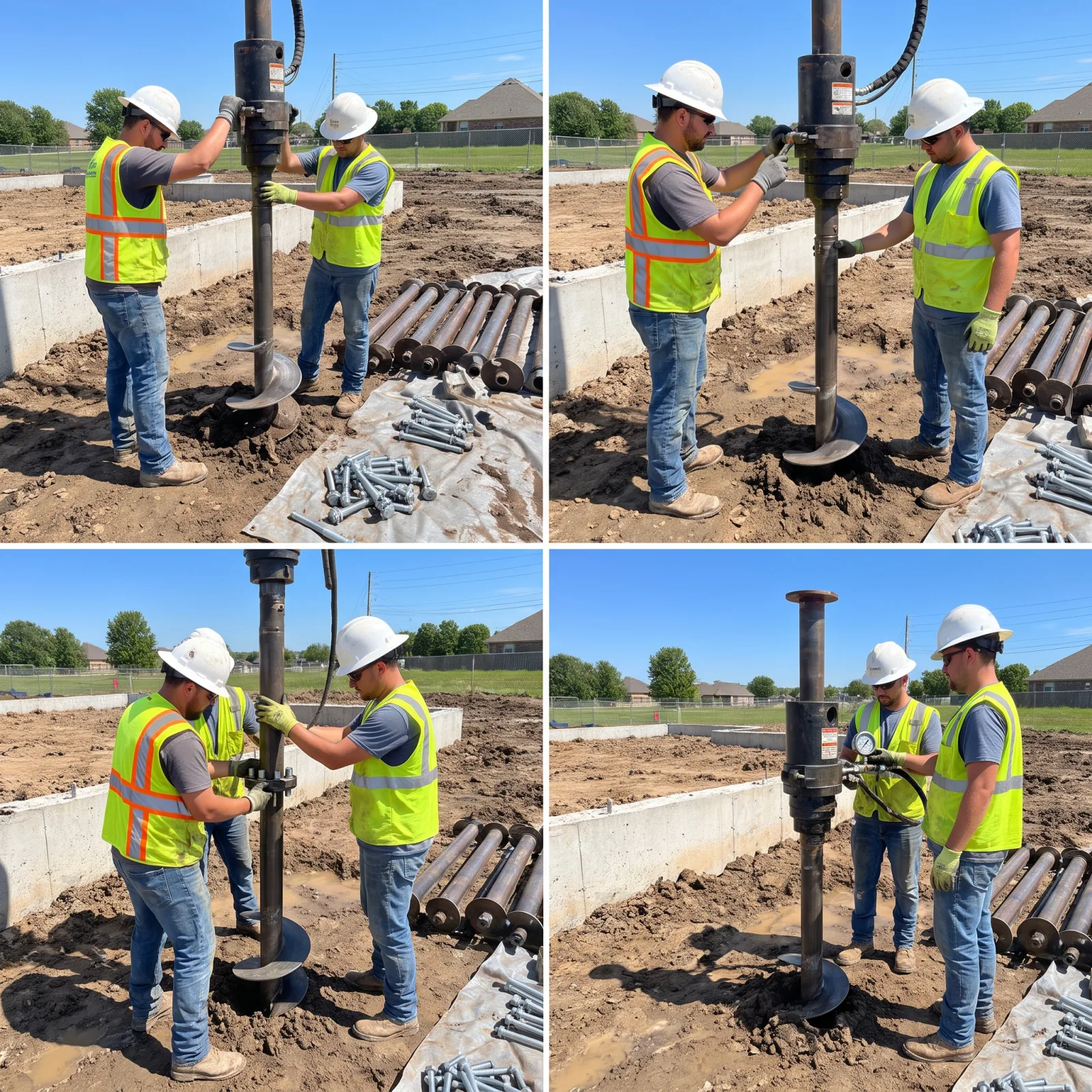 Homeowner walking past an active helical pier installation crew working in the side yard of an occupied home