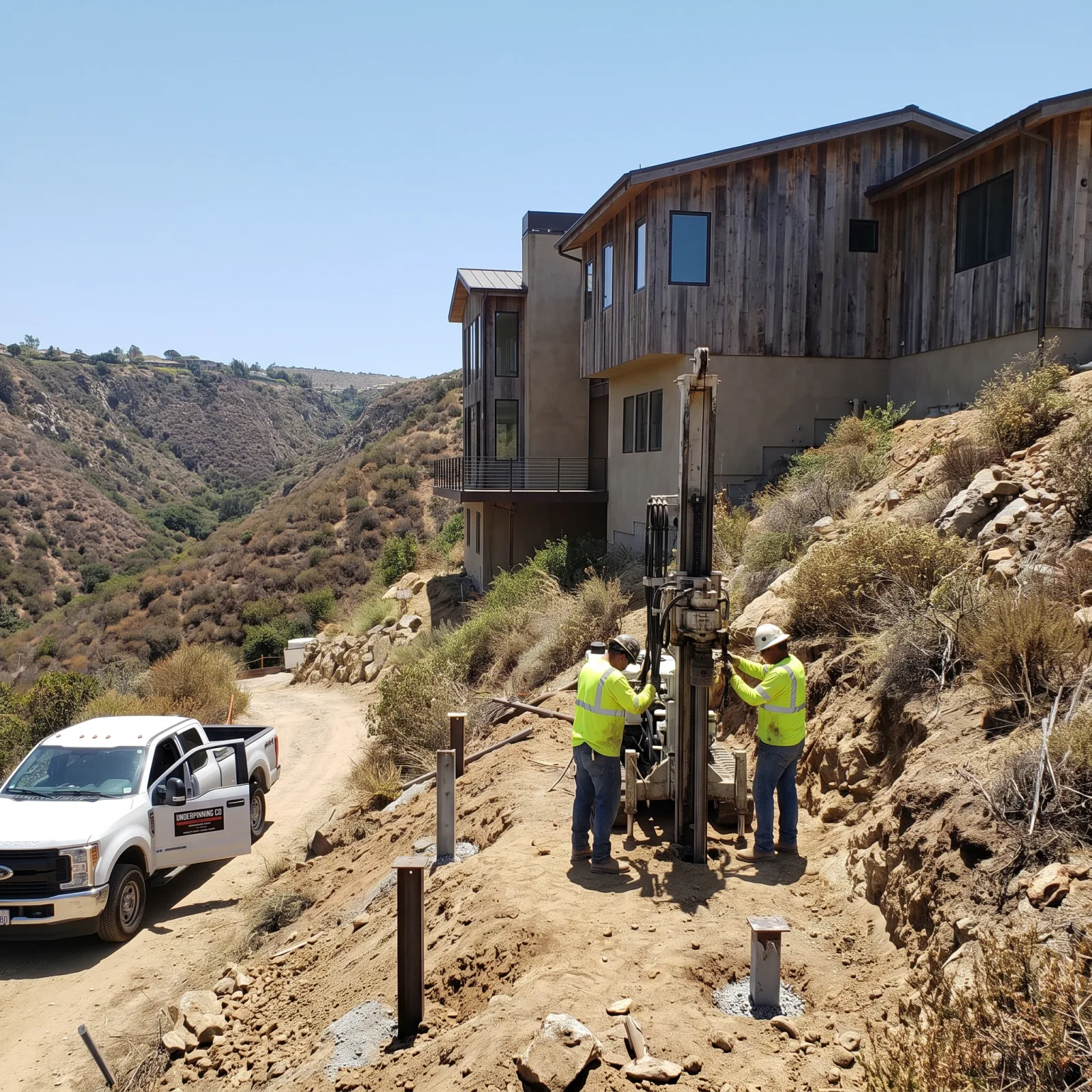 Foundation pier crew installing steel piers along the downhill side of a canyon-edge hillside home