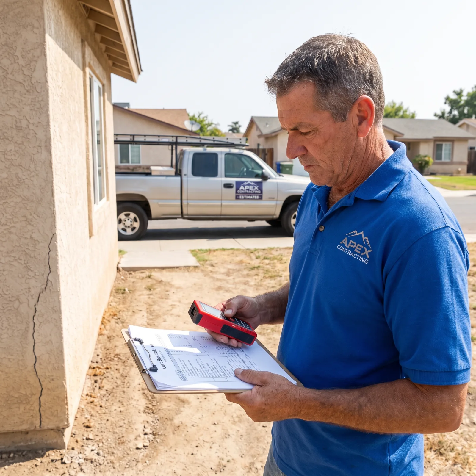 Homeowner comparing three written foundation repair bids side by side at a kitchen table