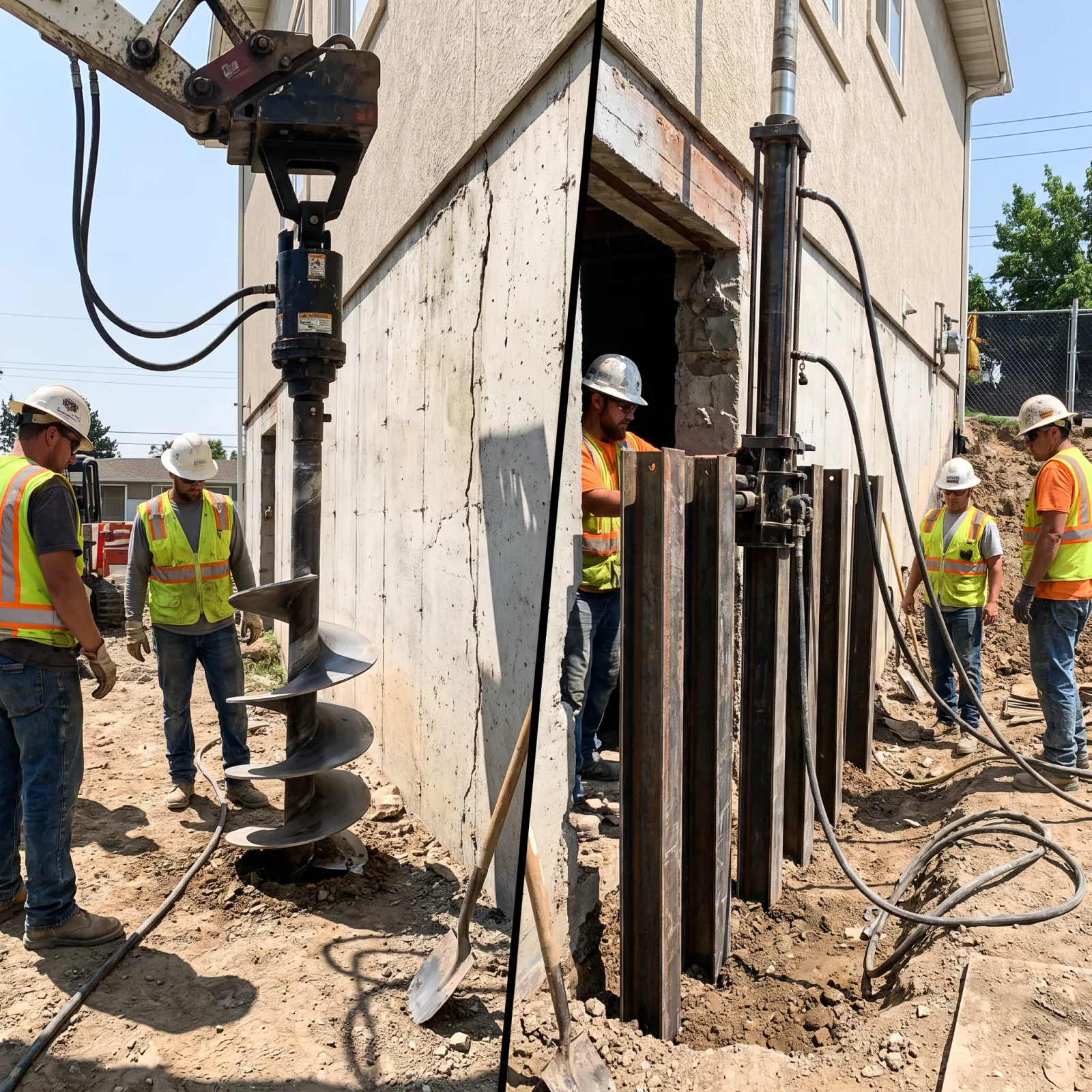 Side-by-side comparison of a helical pier crew and a push pier crew installing steel piers next to a foundation