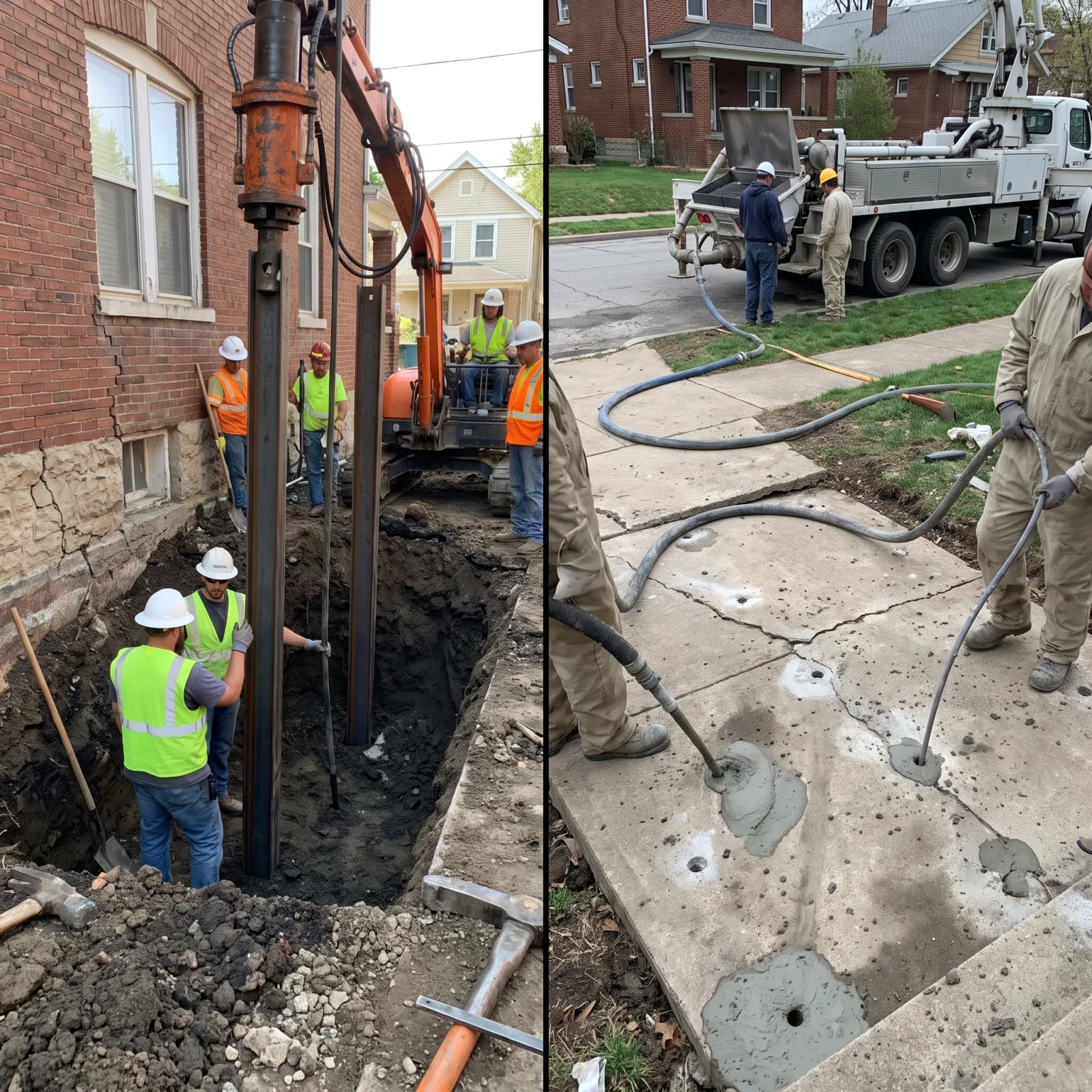 Side-by-side comparison of a piering crew installing steel piers and a mudjacking crew pumping grout slurry under a slab