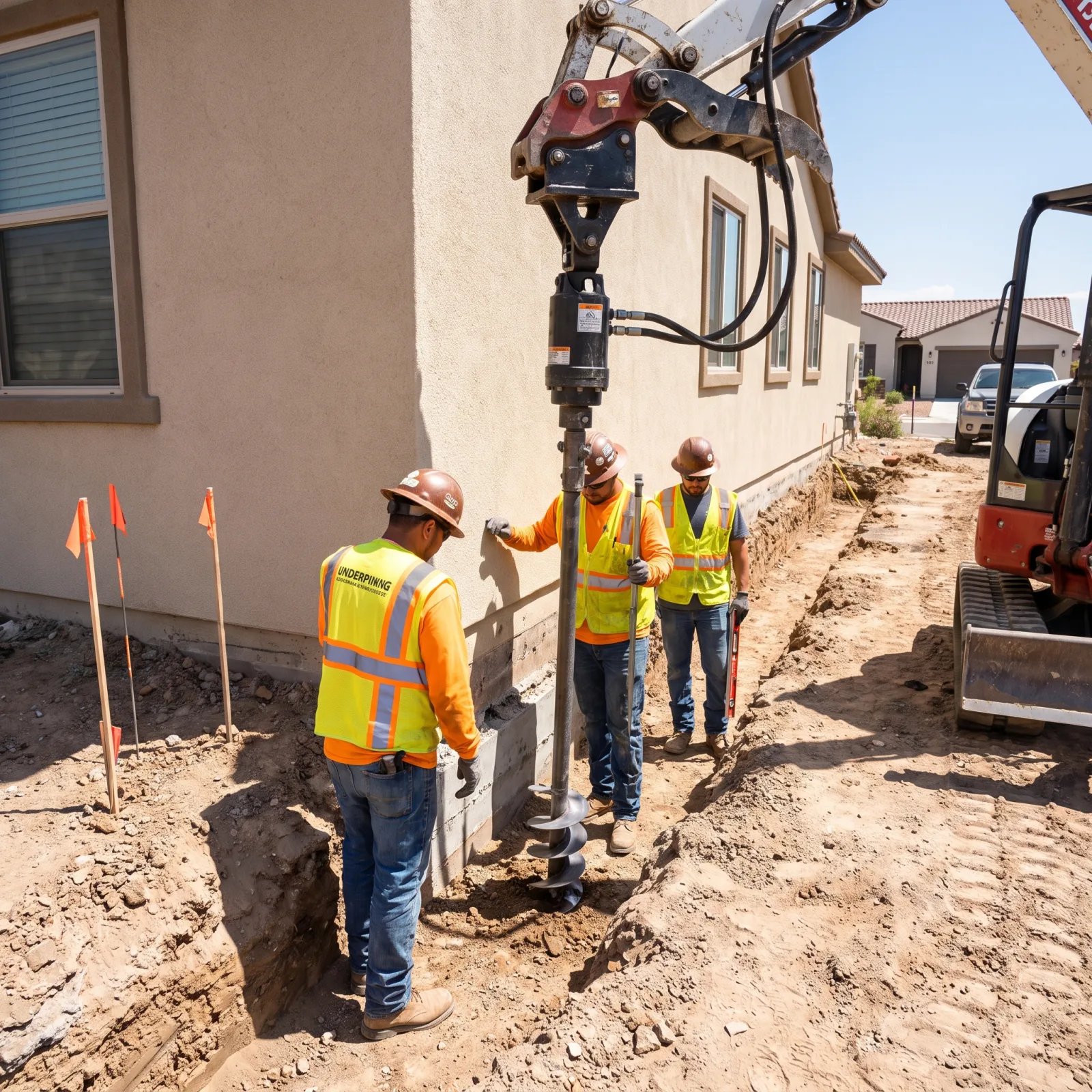 Helical pier underpinning crew installing steel piers along a foundation trench
